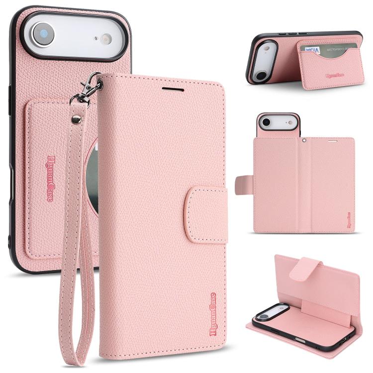 For iPhone Air Retro Litchi Texture Vegan Leather Magnetic Wallet Phone Case with Wrist Strap(Pink)
