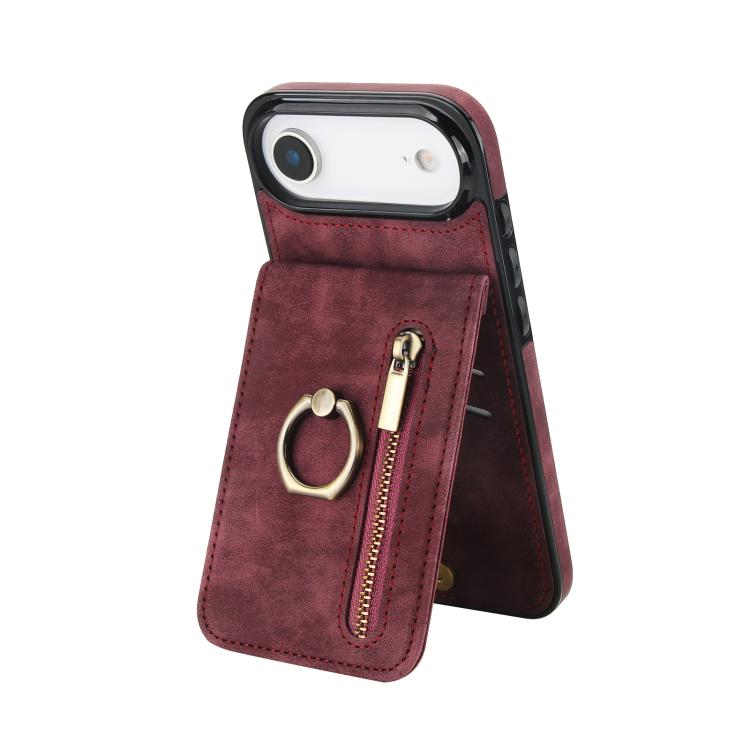For iPhone Air Retro Ring and Zipper RFID Card Slot Phone Case(Wine Red)