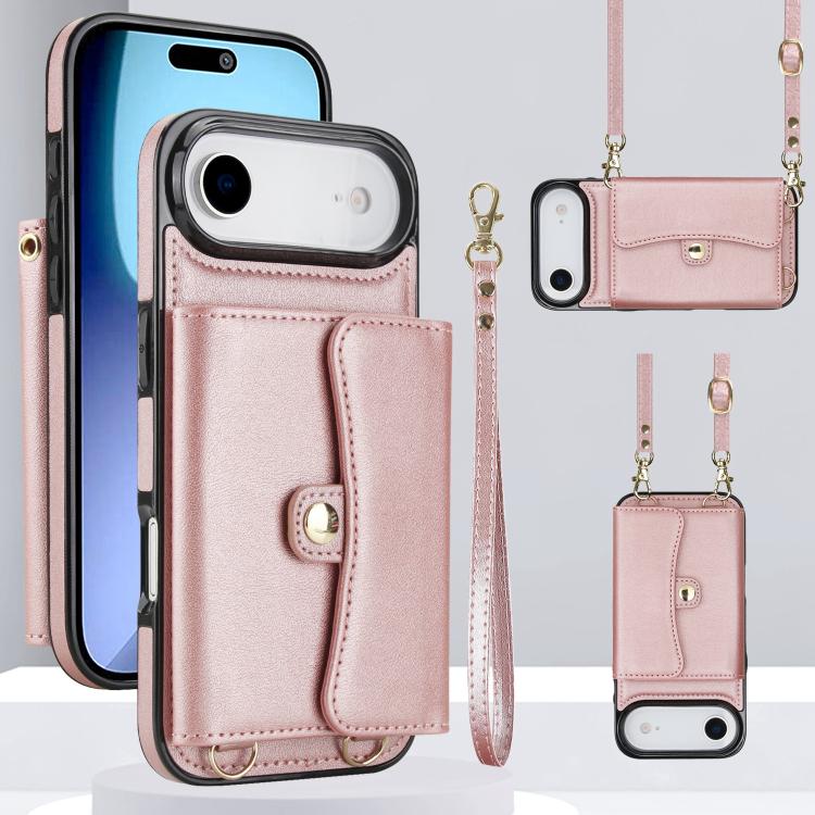 For iPhone Air RFID Card Slot Phone Case with Long Lanyard(Rose Gold)