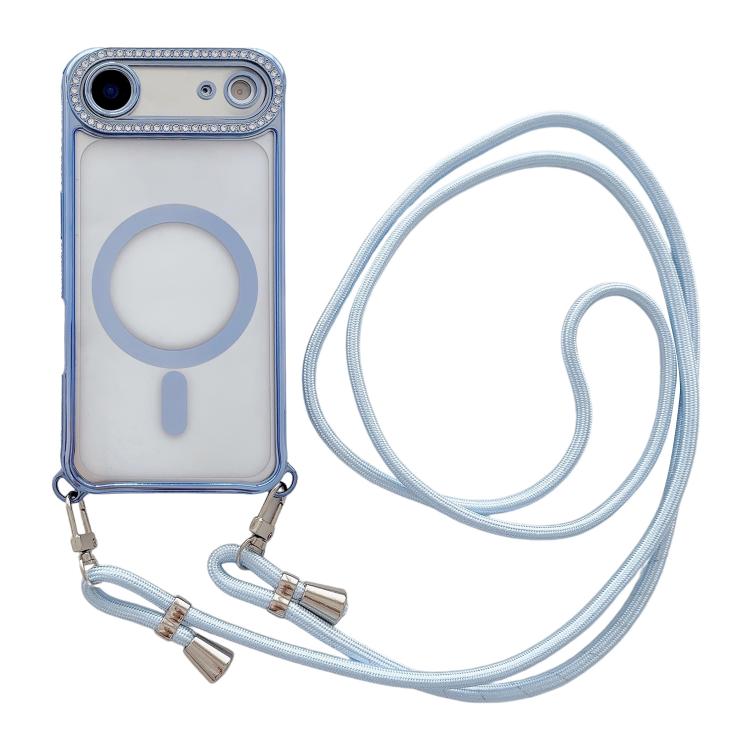 For iPhone Air Rhinestone Clear Acrylic Electroplated Magnetic Phone Case with Neck Lanyard(Blue)