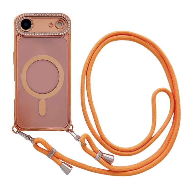 For iPhone Air Rhinestone Clear Acrylic Electroplated Magnetic Phone Case with Neck Lanyard(Orange)