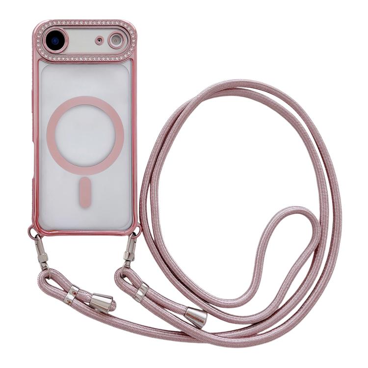 For iPhone Air Rhinestone Clear Acrylic Electroplated Magnetic Phone Case with Neck Lanyard(Pink)