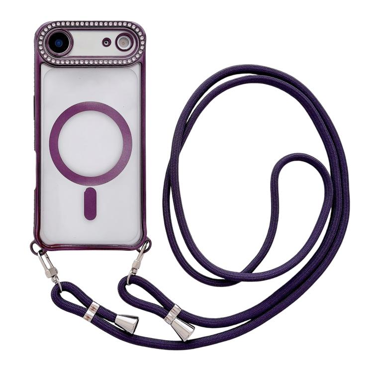 For iPhone Air Rhinestone Clear Acrylic Electroplated Magnetic Phone Case with Neck Lanyard(Purple)