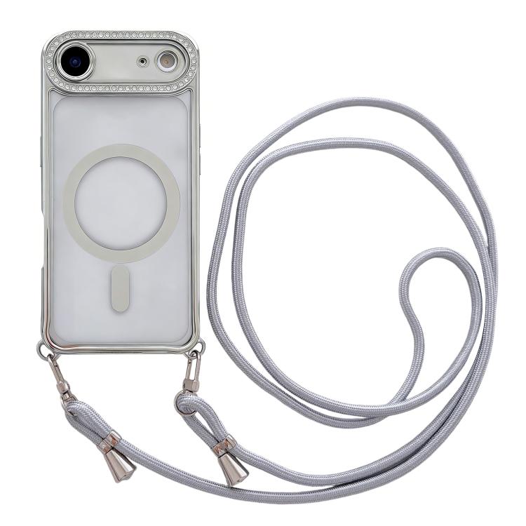 For iPhone Air Rhinestone Clear Acrylic Electroplated Magnetic Phone Case with Neck Lanyard(Silver)