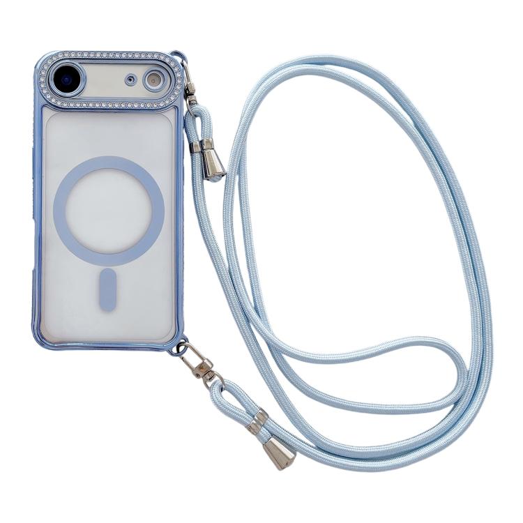 For iPhone Air Rhinestone Clear Acrylic Electroplated Magnetic Phone Case with Right-Side Crossbody Lanyard(Blue)