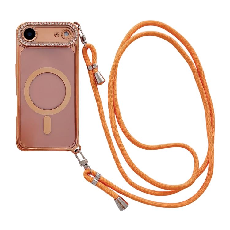For iPhone Air Rhinestone Clear Acrylic Electroplated Magnetic Phone Case with Right-Side Crossbody Lanyard(Orange)