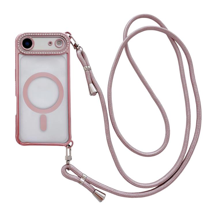 For iPhone Air Rhinestone Clear Acrylic Electroplated Magnetic Phone Case with Right-Side Crossbody Lanyard(Pink)