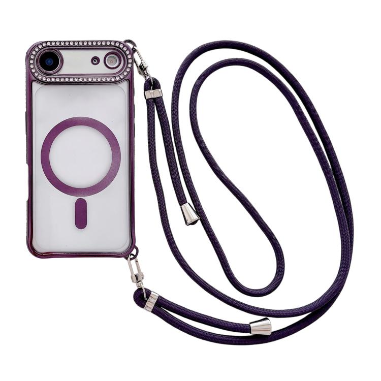 For iPhone Air Rhinestone Clear Acrylic Electroplated Magnetic Phone Case with Right-Side Crossbody Lanyard(Purple)