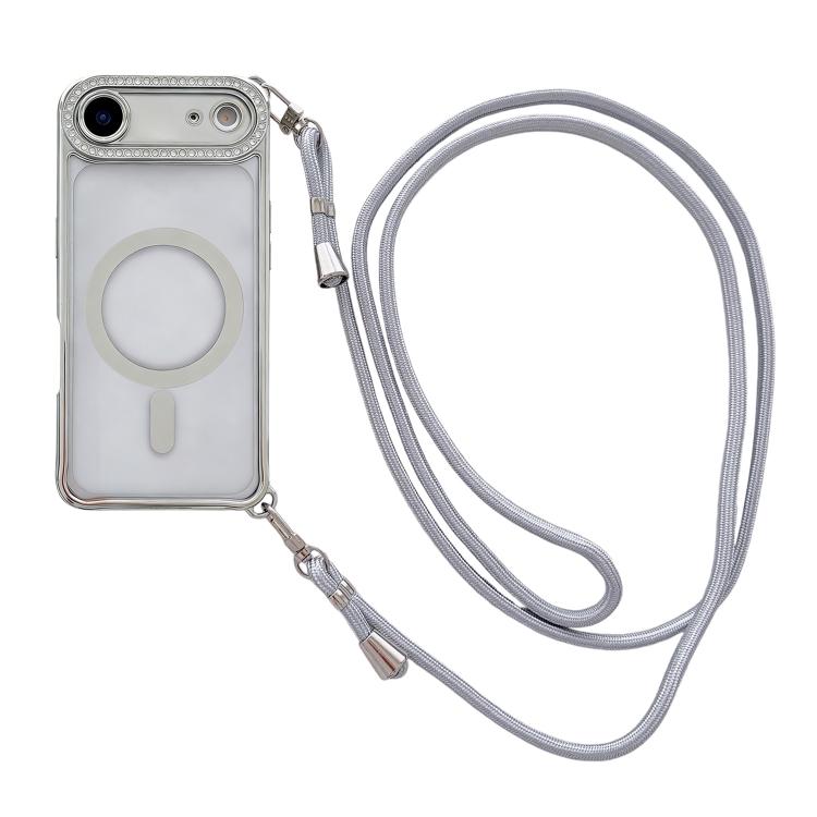 For iPhone Air Rhinestone Clear Acrylic Electroplated Magnetic Phone Case with Right-Side Crossbody Lanyard(Silver)