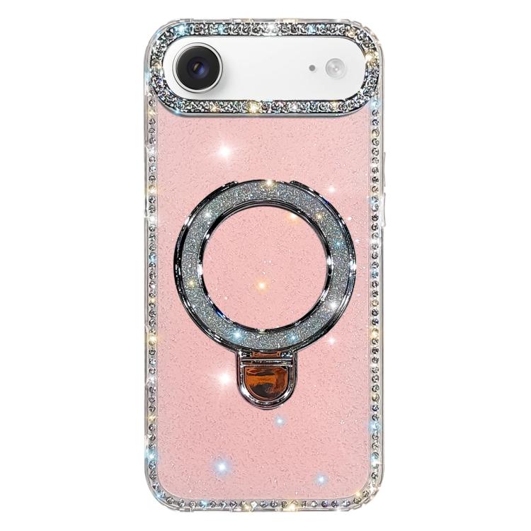 For iPhone Air Rhinestone Glitter Kickstand Dual-side IMD Phone Case(Glitter Light Pink)
