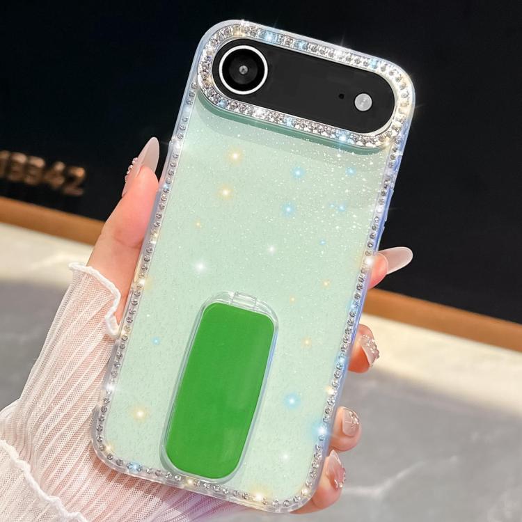 For iPhone Air Rhinestone Glitter TPU 4-corners Anti-fall Phone Case with Holder(Light Green)