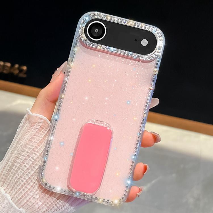 For iPhone Air Rhinestone Glitter TPU 4-corners Anti-fall Phone Case with Holder(Light Pink)