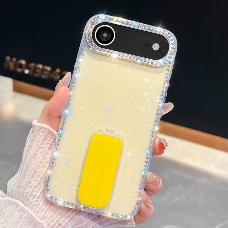 For iPhone Air Rhinestone Glitter TPU 4-corners Anti-fall Phone Case with Holder(Light Yellow)