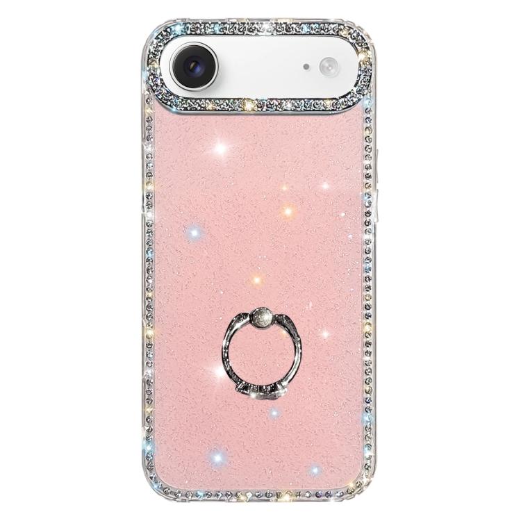 For iPhone Air Rhinestone Ring Holder Dual-side IMD PC Hybrid TPU Phone Case(Glitter Light Pink)