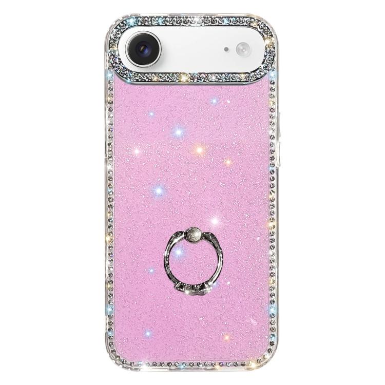 For iPhone Air Rhinestone Ring Holder Dual-side IMD PC Hybrid TPU Phone Case(Glitter Light Purple)