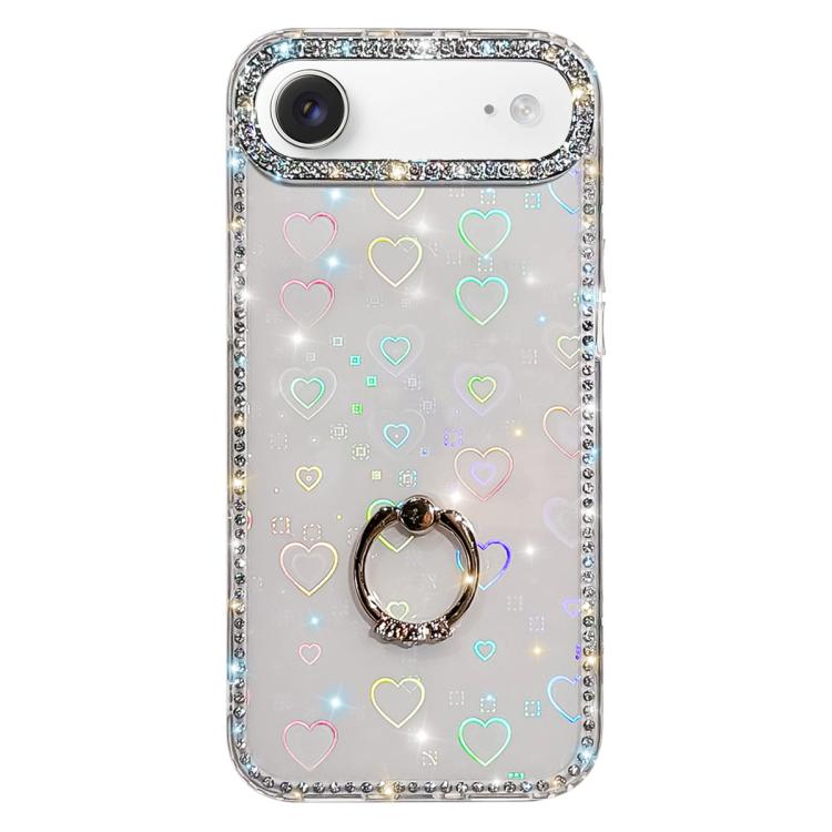 For iPhone Air Rhinestone Ring Holder Dual-side IMD PC Hybrid TPU Phone Case(Heart Transparent)