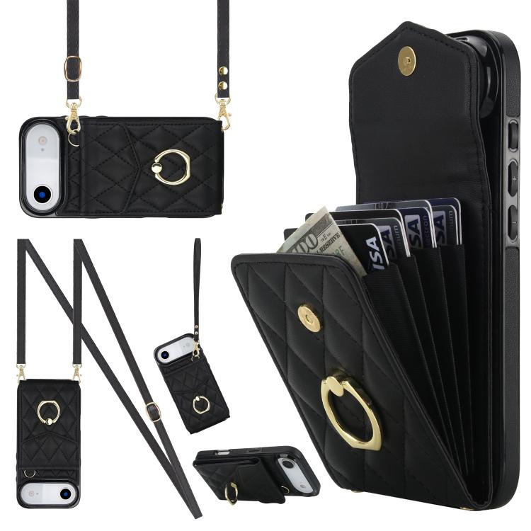 For iPhone Air Rhombic Texture Card Bag Phone Case with Long Lanyard(Black)