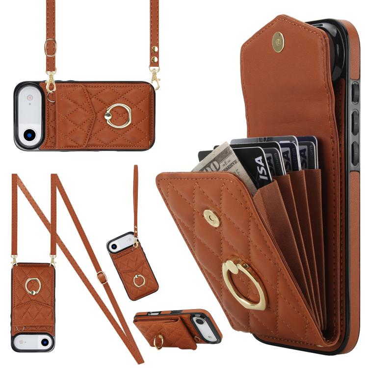 For iPhone Air Rhombic Texture Card Bag Phone Case with Long Lanyard(Brown)