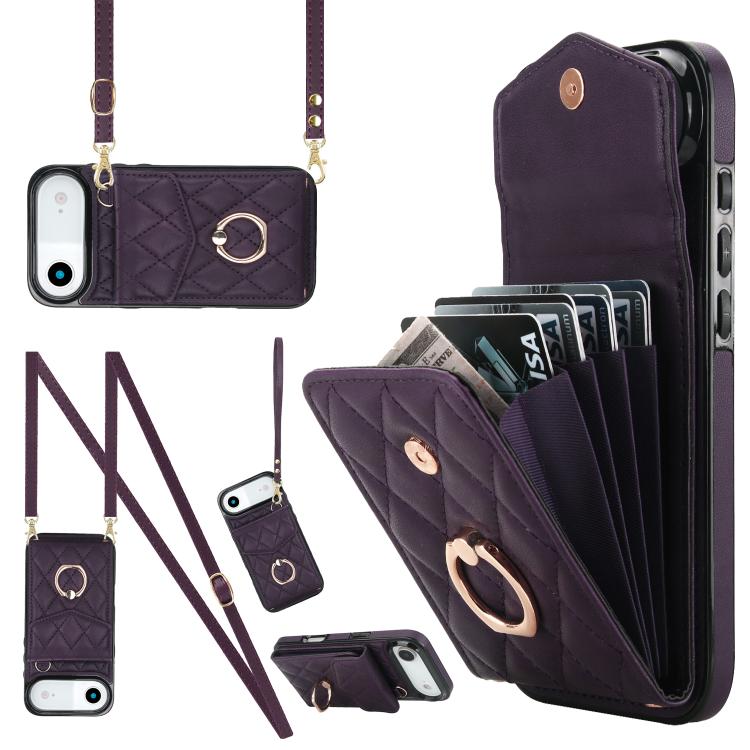 For iPhone Air Rhombic Texture Card Bag Phone Case with Long Lanyard(Dark Purple)