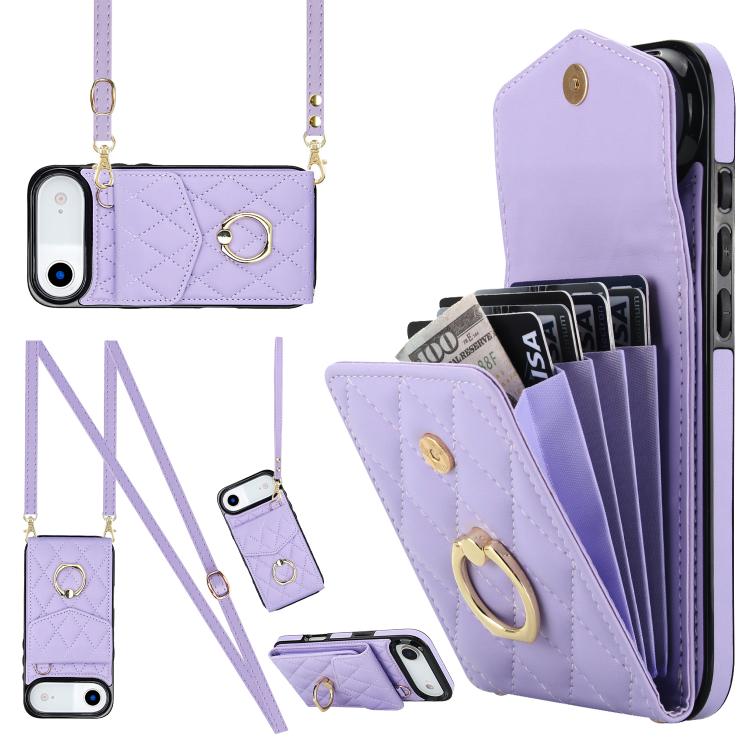 For iPhone Air Rhombic Texture Card Bag Phone Case with Long Lanyard(Light Purple)