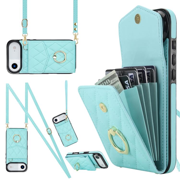 For iPhone Air Rhombic Texture Card Bag Phone Case with Long Lanyard(Mint Green)