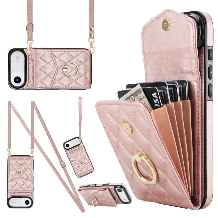 For iPhone Air Rhombic Texture Card Bag Phone Case with Long Lanyard(Rose Gold)