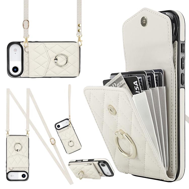 For iPhone Air Rhombic Texture Card Bag Phone Case with Long Lanyard(White)