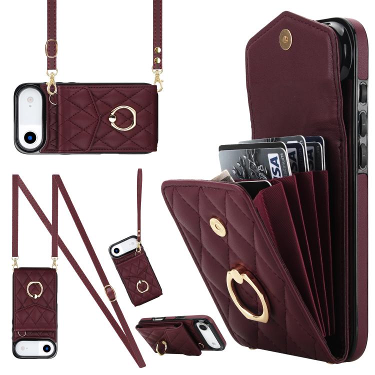 For iPhone Air Rhombic Texture Card Bag Phone Case with Long Lanyard(Wine Red)