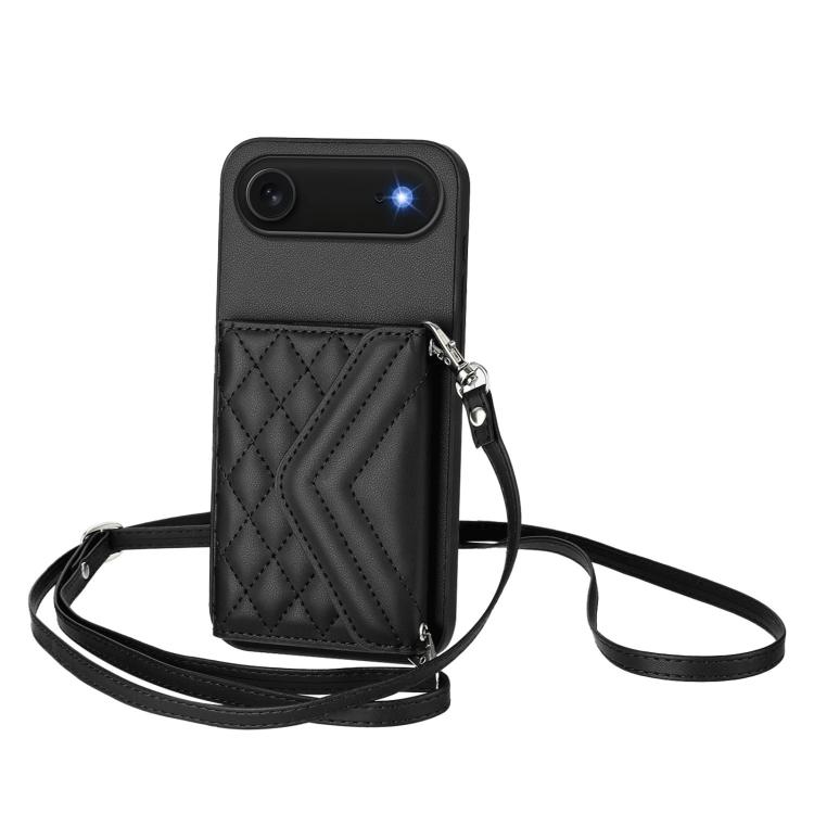 For iPhone Air Rhombic Texture Card Bag RFID Phone Case with Long Lanyard(Black)