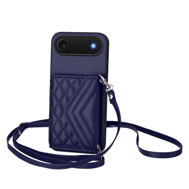 For iPhone Air Rhombic Texture Card Bag RFID Phone Case with Long Lanyard(Blue)