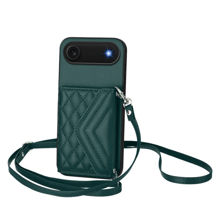 For iPhone Air Rhombic Texture Card Bag RFID Phone Case with Long Lanyard(Green)