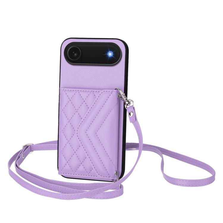 For iPhone Air Rhombic Texture Card Bag RFID Phone Case with Long Lanyard(Light Purple)