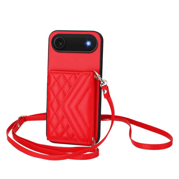 For iPhone Air Rhombic Texture Card Bag RFID Phone Case with Long Lanyard(Red)