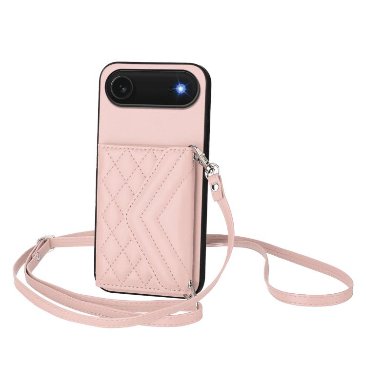 For iPhone Air Rhombic Texture Card Bag RFID Phone Case with Long Lanyard(Rose Gold)
