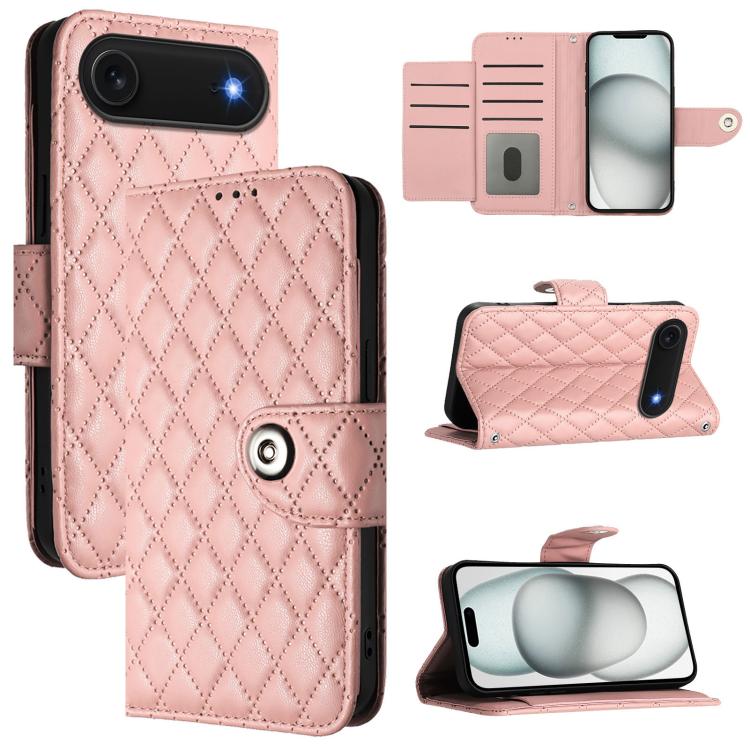 For iPhone Air Rhombic Texture Flip Leather Phone Case with Lanyard(Coral Pink)