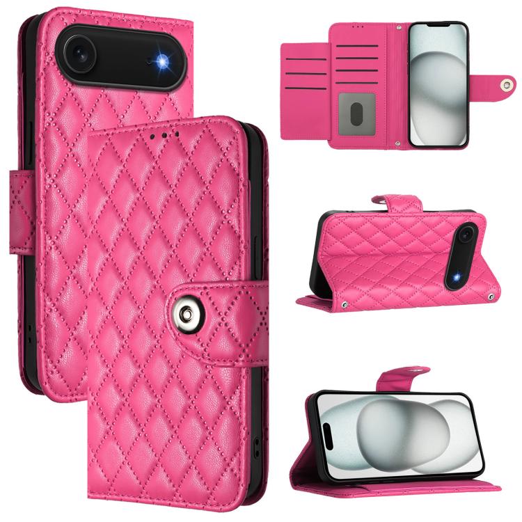 For iPhone Air Rhombic Texture Flip Leather Phone Case with Lanyard(Rose Red)
