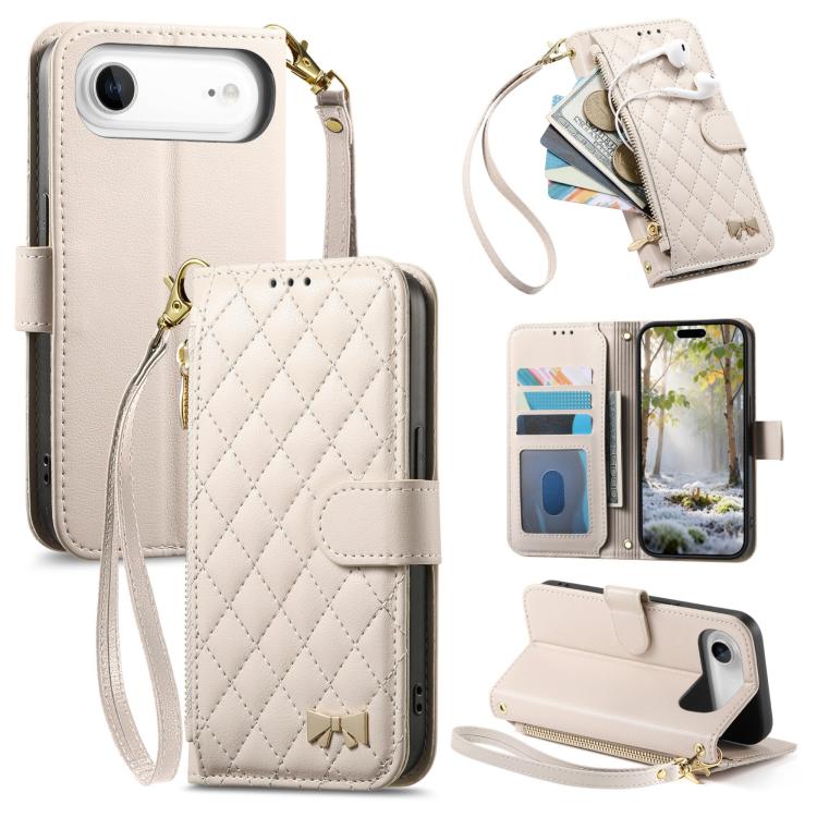 For iPhone Air Rhombic Texture Zipper Wallet Metal Bow-knot Vegan Leather Phone Case with Strap(Beige)