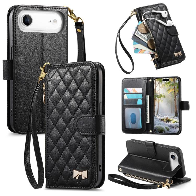 For iPhone Air Rhombic Texture Zipper Wallet Metal Bow-knot Vegan Leather Phone Case with Strap(Black)