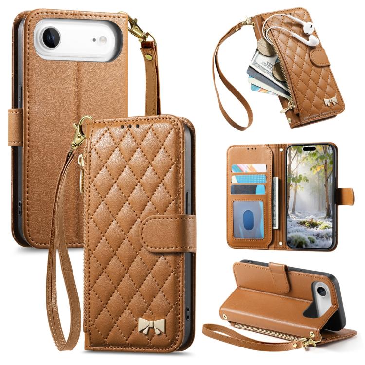For iPhone Air Rhombic Texture Zipper Wallet Metal Bow-knot Vegan Leather Phone Case with Strap(Brown)