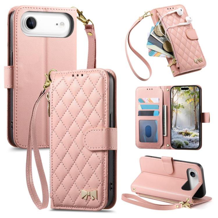 For iPhone Air Rhombic Texture Zipper Wallet Metal Bow-knot Vegan Leather Phone Case with Strap(Pink)