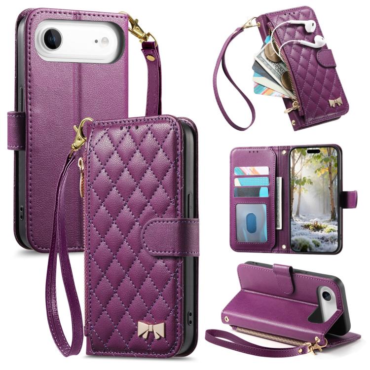 For iPhone Air Rhombic Texture Zipper Wallet Metal Bow-knot Vegan Leather Phone Case with Strap(Purple)