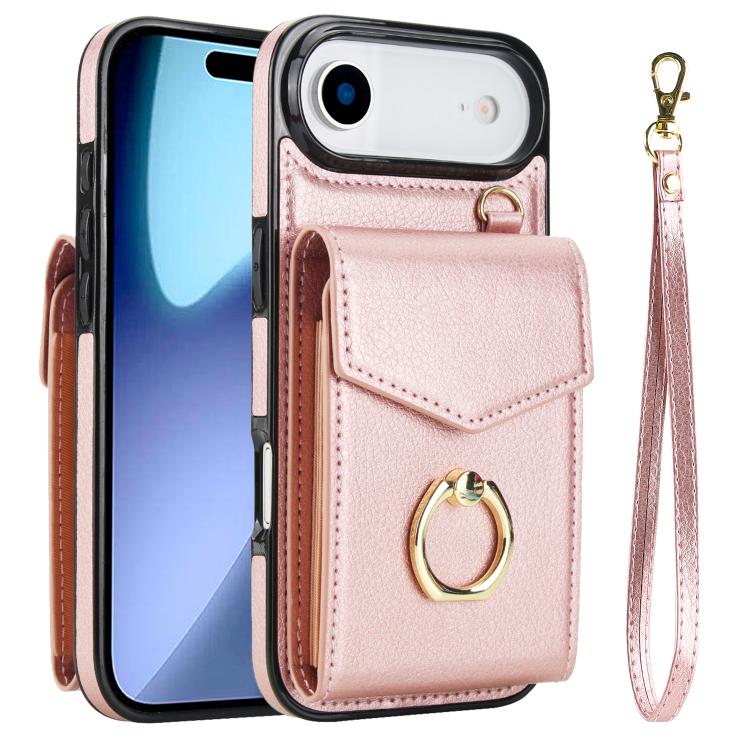 For iPhone Air Ring Holder RFID Card Slot Phone Case(Rose Gold)