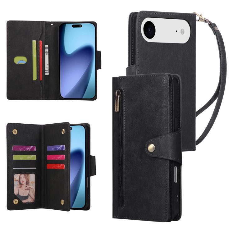 For iPhone Air Rivet Buckle 9 Cards Three Fold Leather Phone Case(Black)