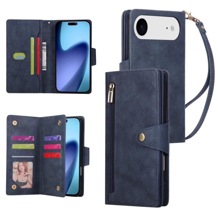 For iPhone Air Rivet Buckle 9 Cards Three Fold Leather Phone Case(Blue)