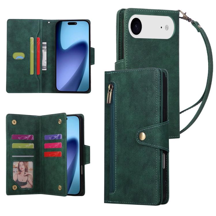 For iPhone Air Rivet Buckle 9 Cards Three Fold Leather Phone Case(Green)