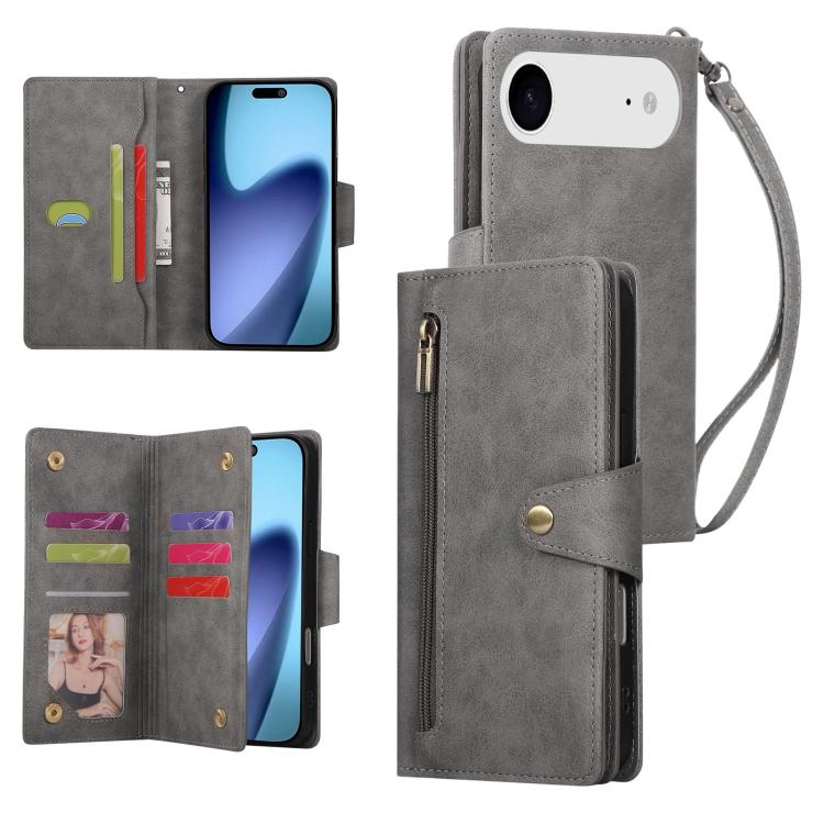 For iPhone Air Rivet Buckle 9 Cards Three Fold Leather Phone Case(Grey)