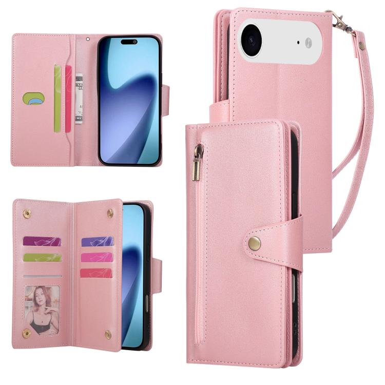 For iPhone Air Rivet Buckle 9 Cards Three Fold Leather Phone Case(Rose Gold)