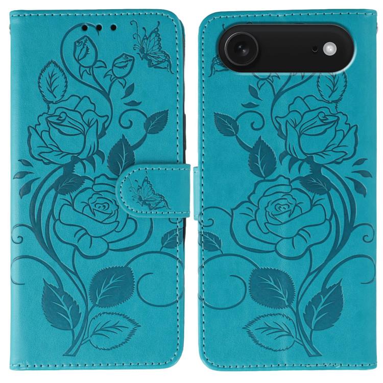 For iPhone Air Rose Butterfly Embossed Leather Phone Case(Blue)