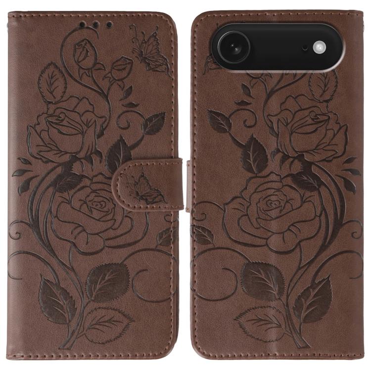 For iPhone Air Rose Butterfly Embossed Leather Phone Case(Brown)