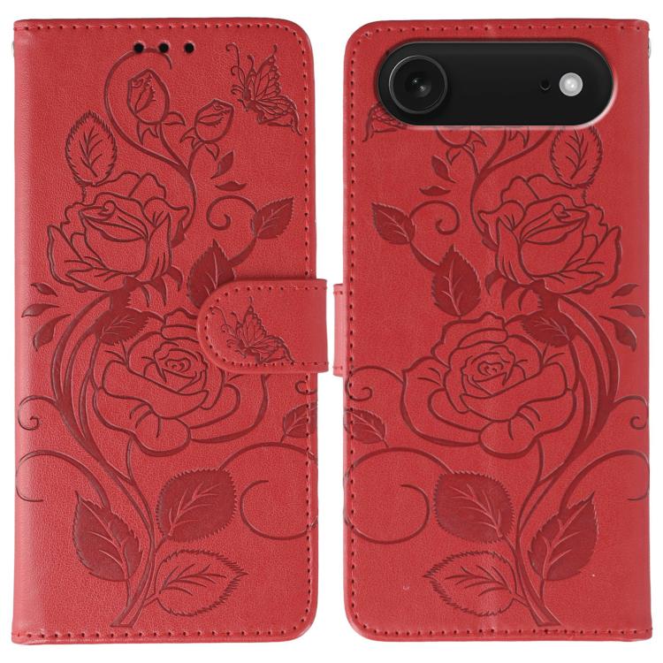 For iPhone Air Rose Butterfly Embossed Leather Phone Case(Red)